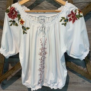 Embroidered Peasant Blouse 100% Cotton Knit.